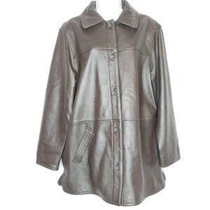 QVC Centrigrade Leather Jacket Sz L Womens Chocolate Brown Collar Button Up